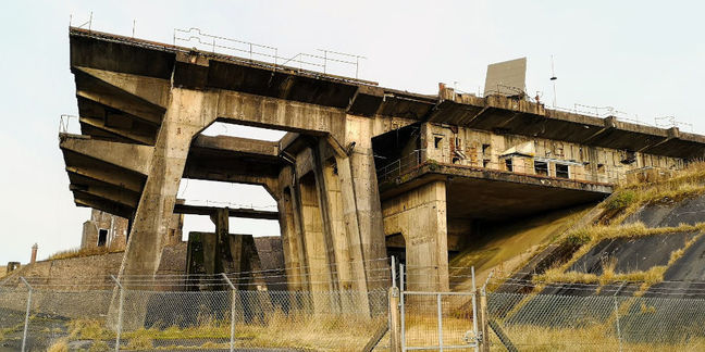 The eastern - completed - missile test stand at Greymare Hill. Note the three sloping concrey supports for the steel thrust deflector