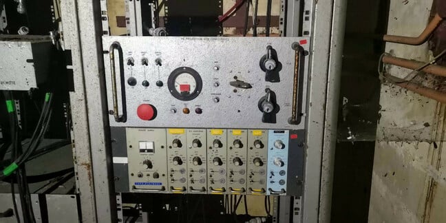 Abandoned control panels in the observation room at the P 1 test stand at Westcott