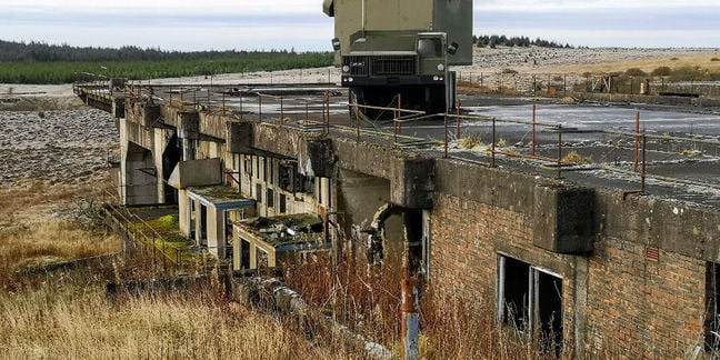 The deck of the eastern test stand at Greymare Hill, Note the instrument rooms below. The vehicle on the deck is a wooden dummy