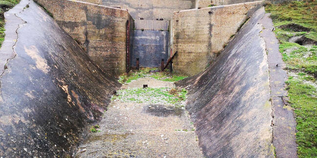 The efflux channel at the High Downs western stand. A water-cooled metal bucket would be sat below the rocket during test firing