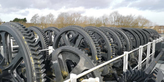 The gear wheels on the machine deck are for show only these days