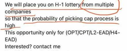 Screenshot of message about gaming the H-1B lottery