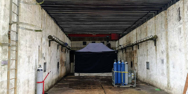 Inside the K2 stand. Note the girder roofing and the hidden rocket that was fired the evening before this picture was taken