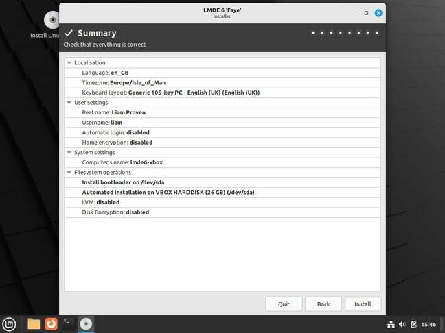 The LMDE installer ends in this handy, SUSE-style summary of what it's about to do