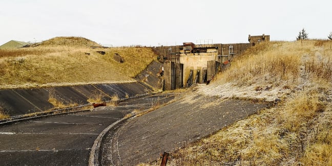 Spillway running from eastern test stand at Priorlancy. This is as close as one gets to the stands. Note the four concrete posts on which the engine test frame would have rested